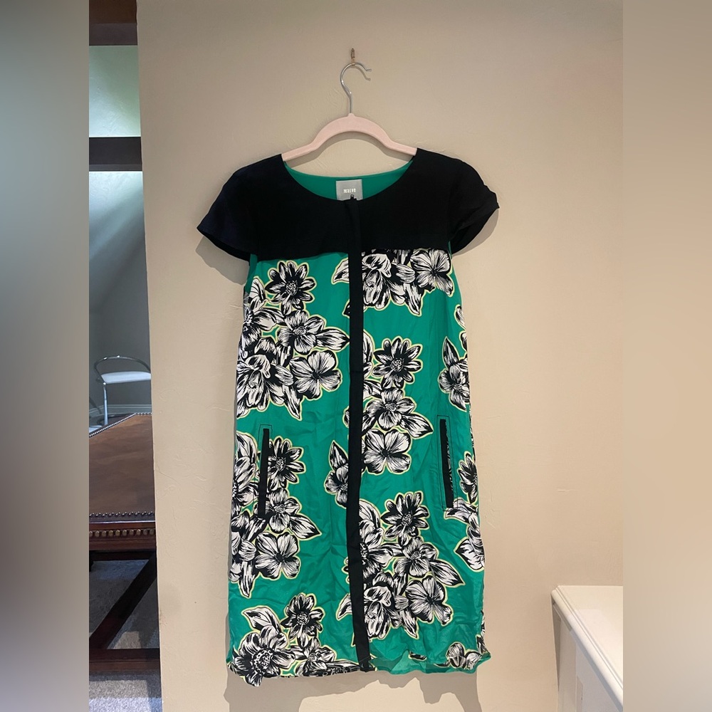 Maeve by Anthropologie Green and Black Floral Shift Dress, Size 4